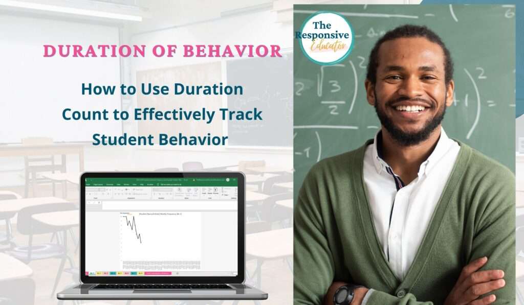 left: laptop with graph on screen. right: teacher in front of chalkboard