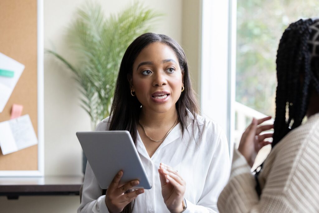 two women talking