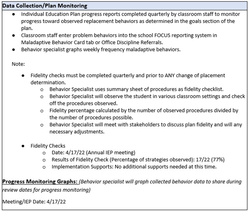 Snip of BIP data collection plan monitoring