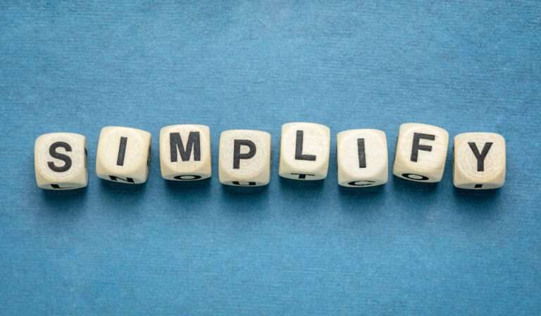 Simplify in white blocks on blue background