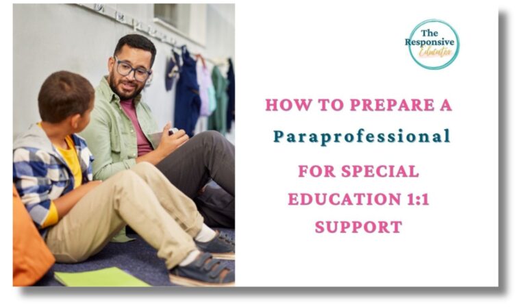 paraprofessional for special education 1:1 support sitting in hallway with a student