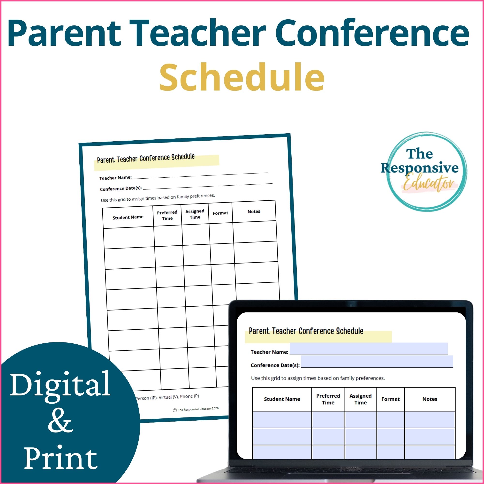 Parent Teacher Conference sign up sheet Schedule
