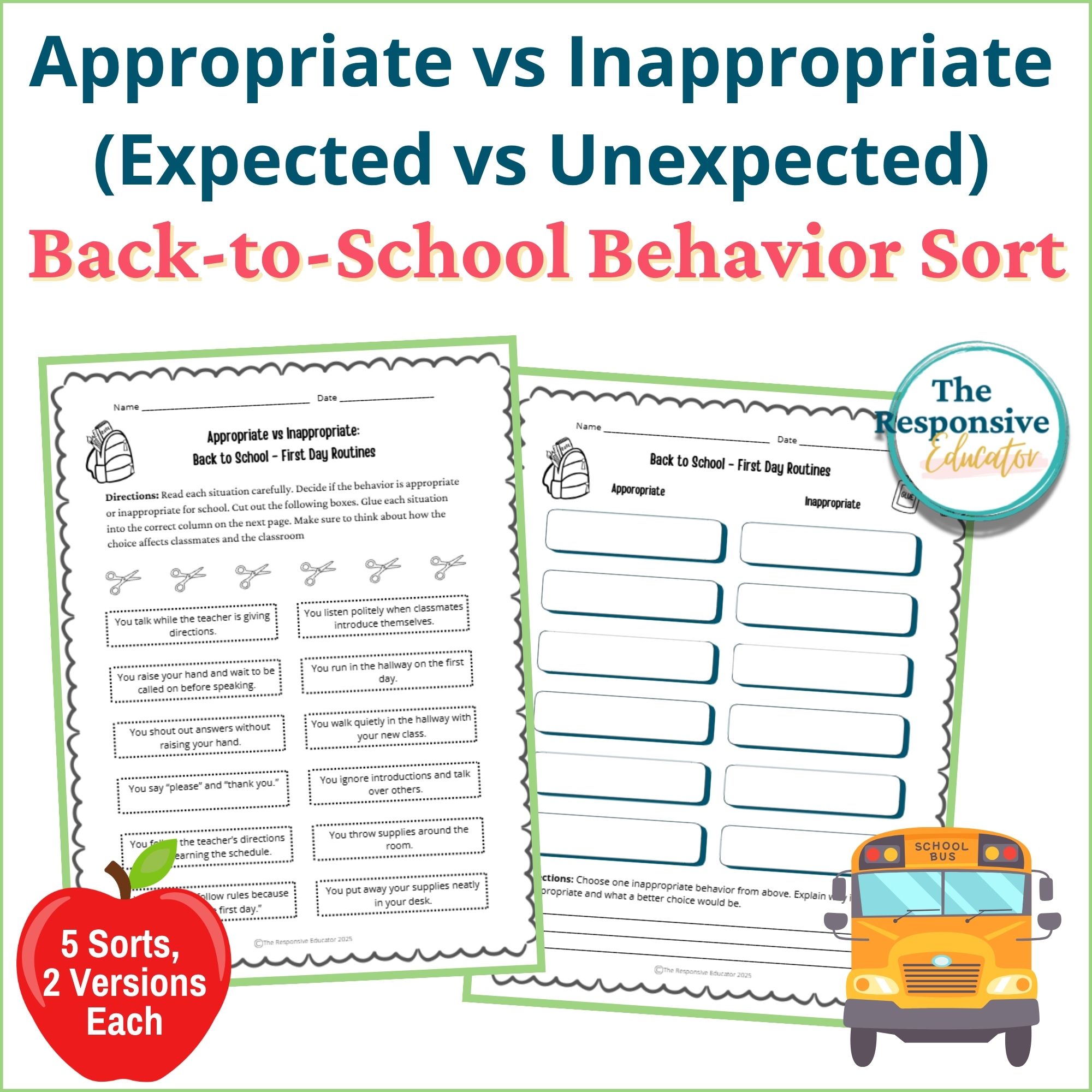 Back to School Appropriate vs Inappropriate Behavior Worksheets