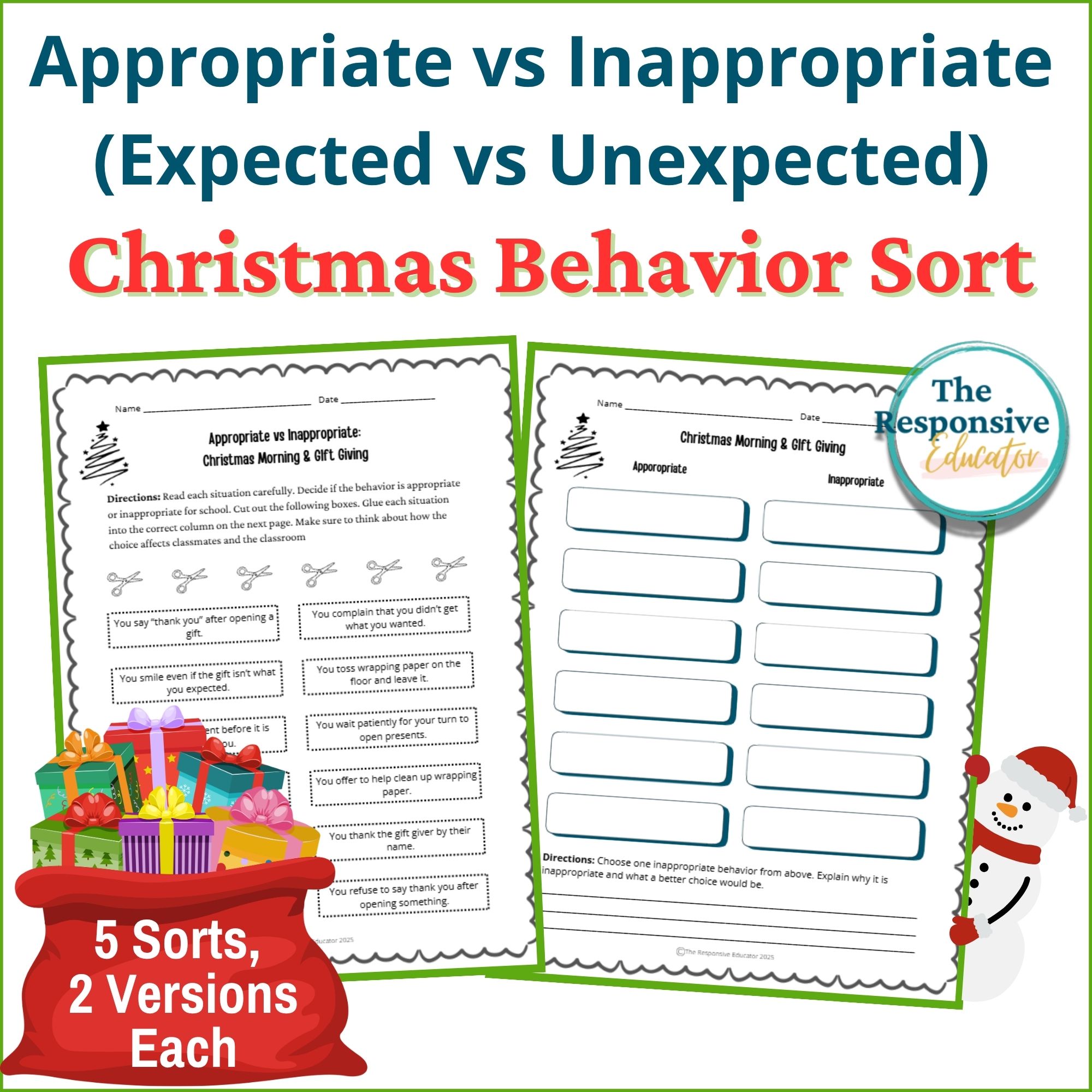 Christmas Appropriate vs Inappropriate Behavior Worksheets