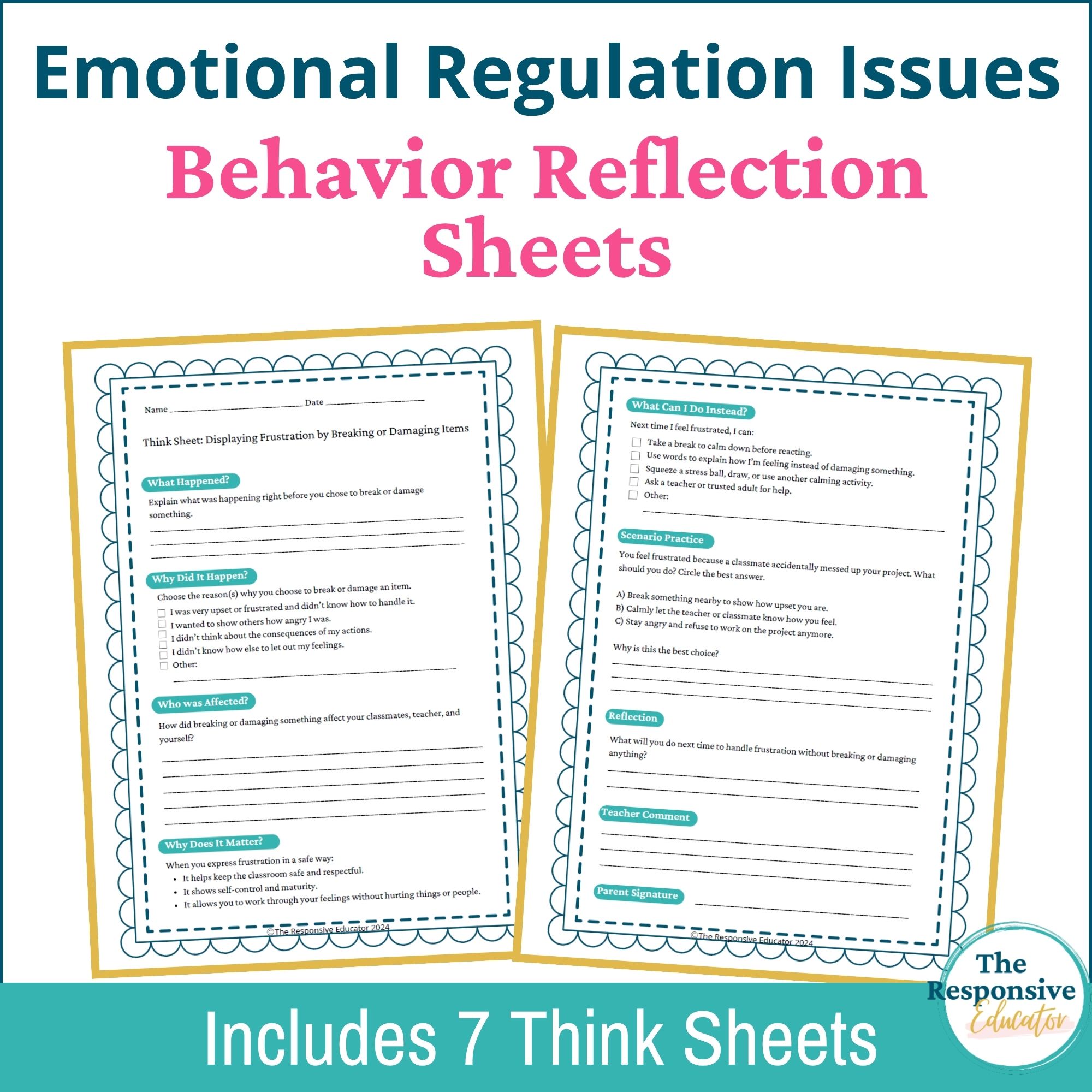 Emotional Regulation Worksheets: Behavior Reflection Sheets and Think ...