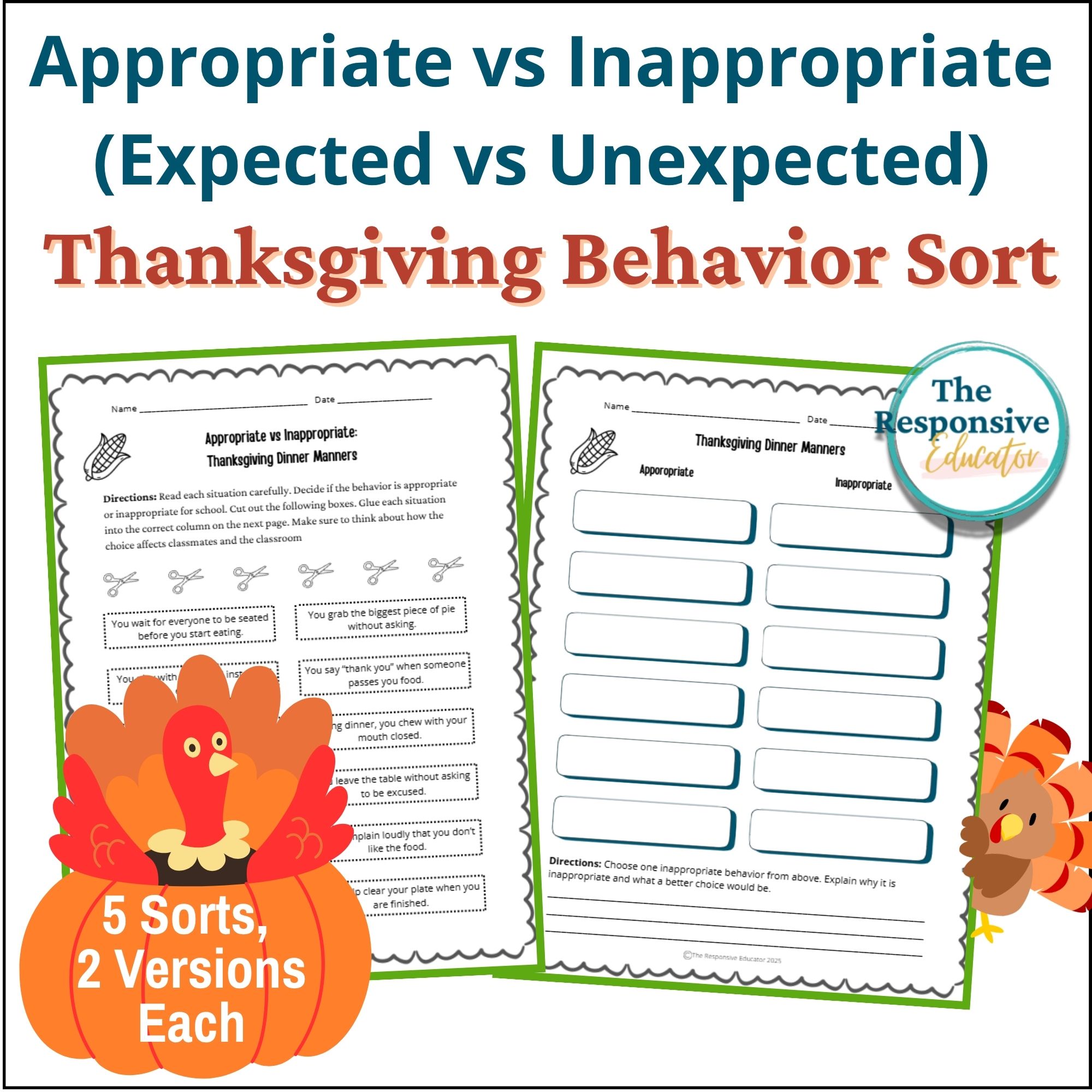 Thanksgiving Appropriate vs Inappropriate Behavior Worksheets