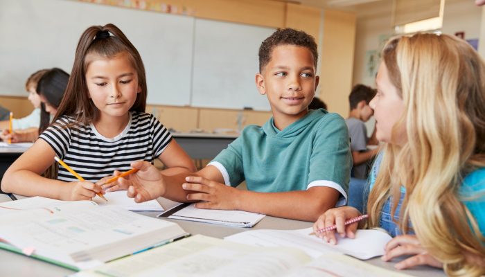 students working at a table