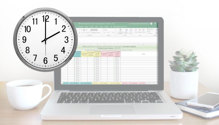 clock and spreadsheet used to take the duration count of behaviors