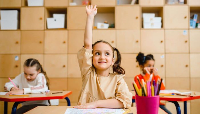 girl raising her hand in class