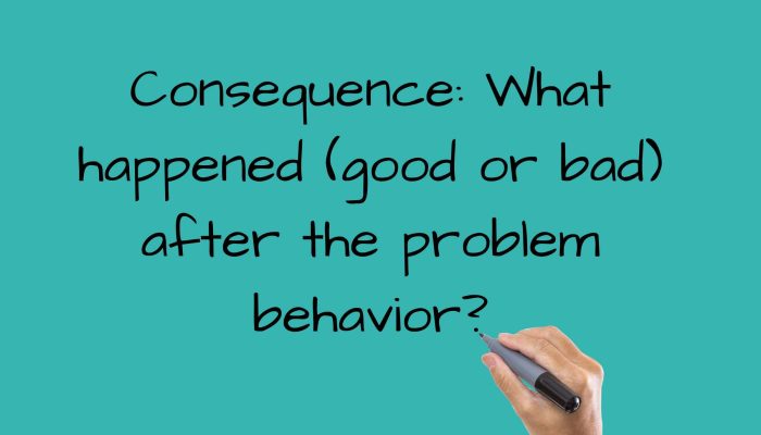 consequence- what happened (good or bad) after the problem behavior