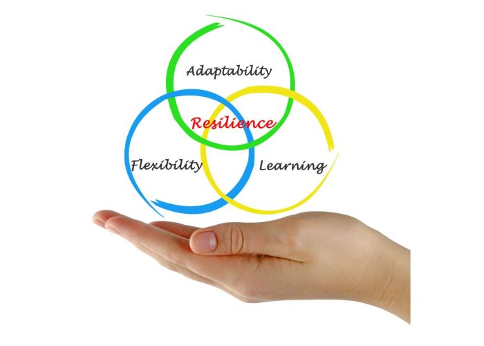 hand holding a diagram that shows that resilience occurs where adaptability, flexibility, and learning meet