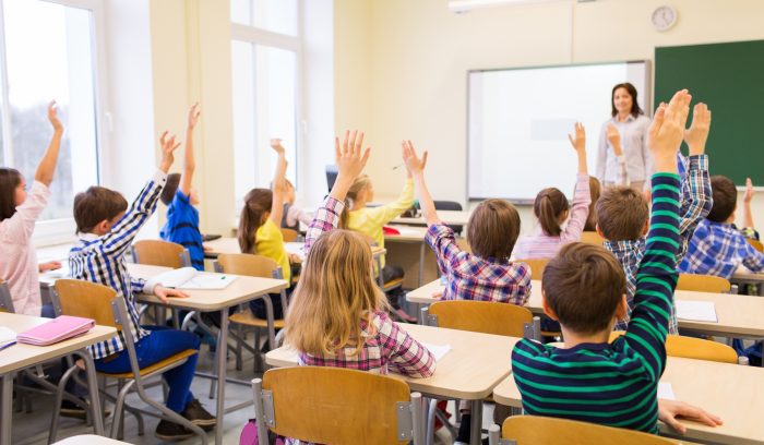 students raising hands to answer teacher's question